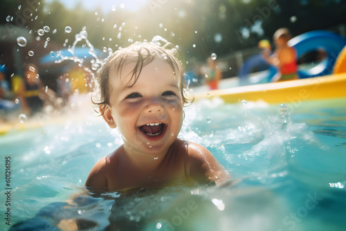 Happy baby playing in swimming pool during summer vacation. Generative Ai © Patrick