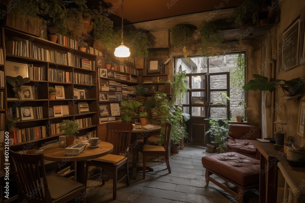 Aesthetic library cafe with a bohemian style, generative ai
