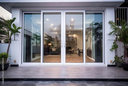 Aesthetic home entrance with large glass sliding doors with lots of copy space, generative AI