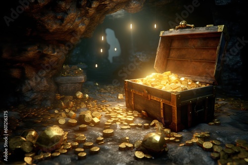 Cave with a treasure with coffers full of gold, generative ai