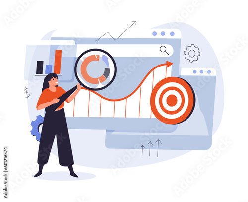 Statistical analysis concept. Man and girl with magnifying glass look at graphs and charts. Work with statistics