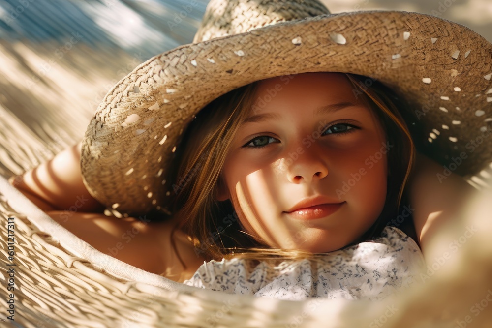 Little girl in swimsuit on the beach in summer. Image generated by AI