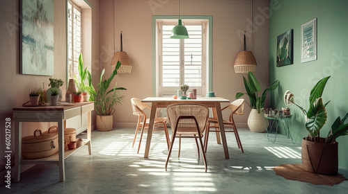 Dining room with vintage concept  nordic type furniture. Generative AI.