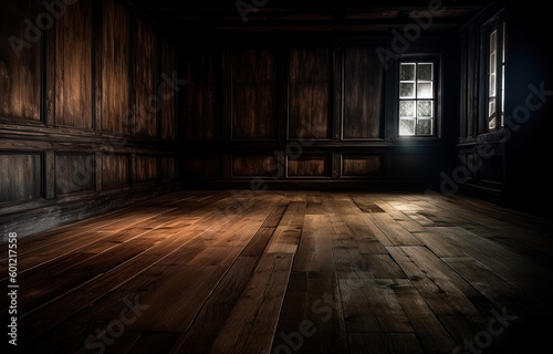 Perspective background of a wooden plank floor with wooden background wall. Generative AI. © HC FOTOSTUDIO