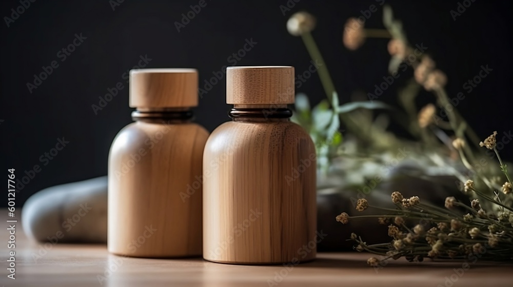 wooden bottles for a spa with background herbs wooden bottles for a spa with background herbs