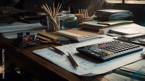 Table with papers with chart and investment graphs, pens, calculators.