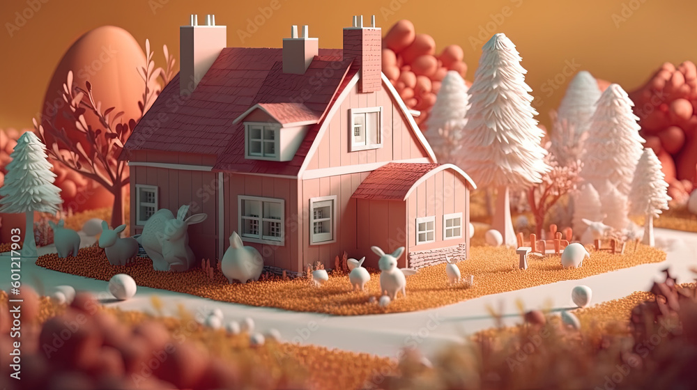 3d mockup of an adorable house in pastel colors. Generative AI