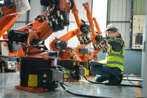 Mechanical engineers with robotic welder., Programming development technology work. Female industrial engineer working at automated AI robotic production factory..