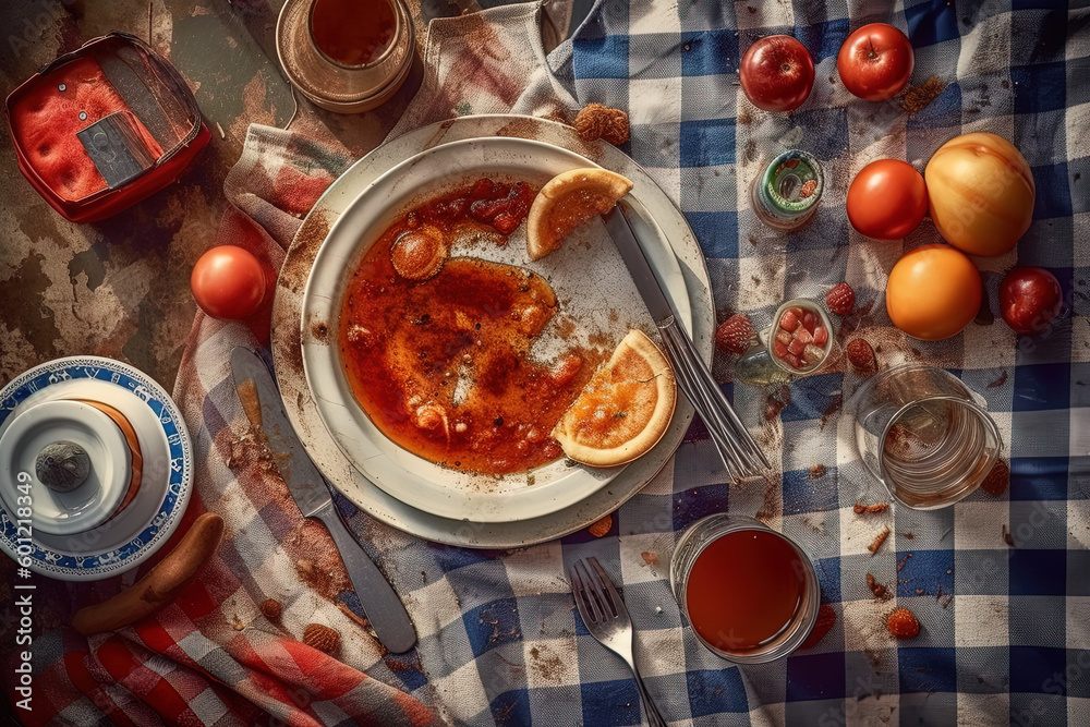 Plate with leftover food on a dirty table. Generative AI. Plate with leftover food on a dirty table. Generative AI.