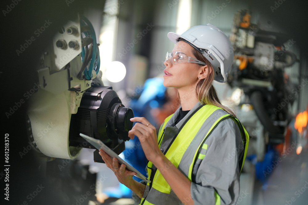 Mechanical engineers with robotic welder. Programming development technology work.. Female industrial engineer working at automated AI robotic production factory.. Mechanical engineers with robotic welder. Programming development technology work.. Female industrial engineer working at automated AI robotic production factory..