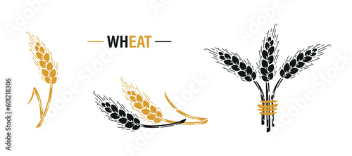 Wheat Wreath and Grain Spikes icons Vector Set. Ears of Wheat, Barley or Rye , Great for Bread Packaging, Beer labels etc.