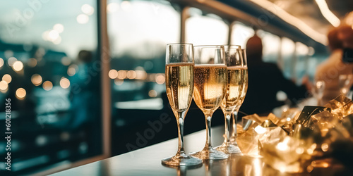 Canvas Print Luxury evening party on cruise yacht with champagne setting