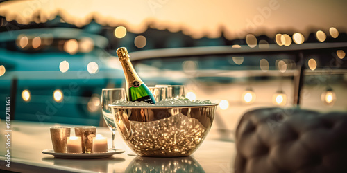Luxury evening party on cruise yacht with champagne setting. Champagne glasses and bottle with champagne with bokeh yacht on background, nobody. 
