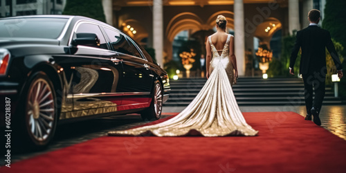Obraz na płótnie Stylish Woman in evening dress arriving with limousine walking red carpet, Woman in a luxurious dress on a red carpet