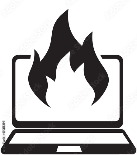 illustration of a burning laptop icon, a sign that the laptop is too hot, using the laptop too much