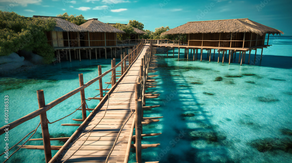 A boardwalk leading from the resort to an island with a wooden bridge