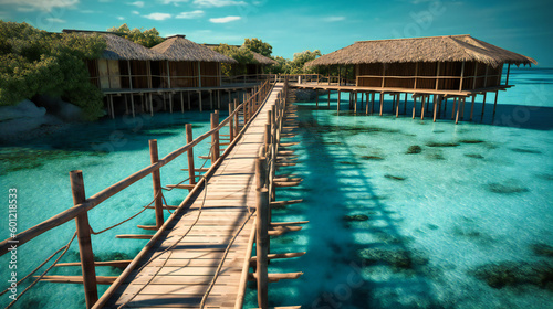 A boardwalk leading from the resort to an island with a wooden bridge