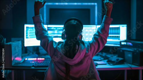 A person on his computer in neon lighting with her arms raised