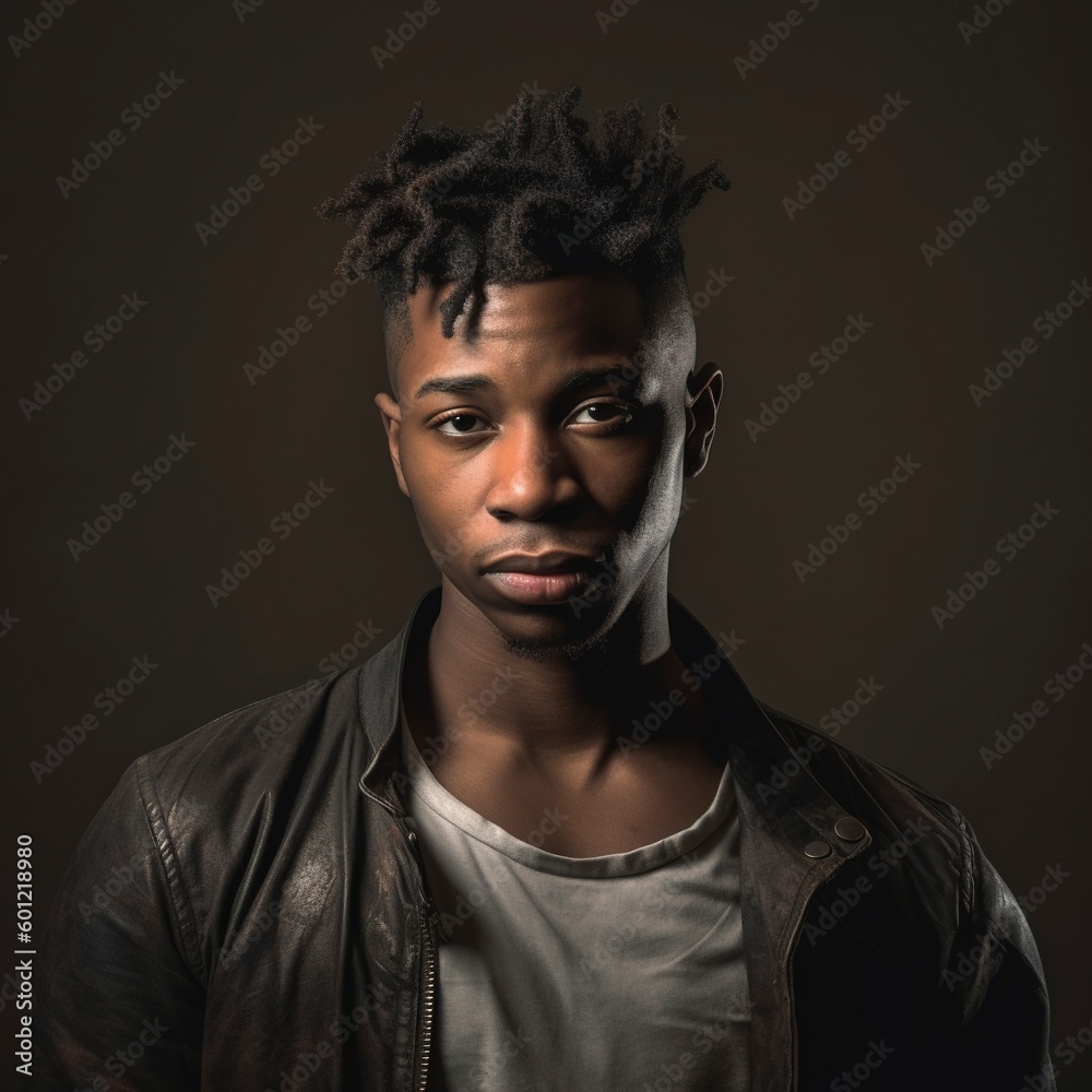 Portrait of a young black man looking at camera in studio, serene. Ai generated. Portrait of a young black man looking at camera in studio, serene. Ai generated.