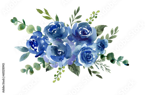 Blue roses bouquet. Hand drawn watercolor illustration for postcard, invitation, greeting, poster