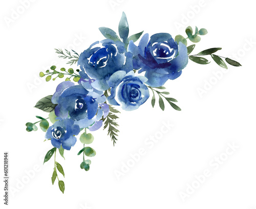 Blue roses bouquet. Hand drawn watercolor illustration