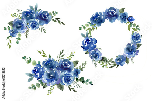 Blue roses bouquets set. Hand drawn watercolor illustration