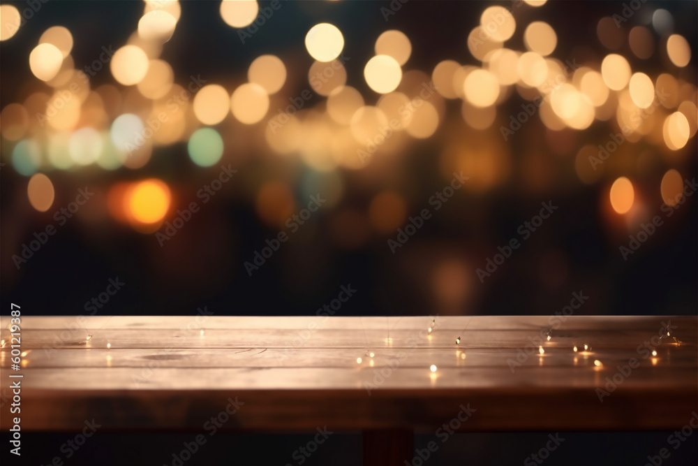 Old wooden table with blurry bokeh lights background. AI generated content