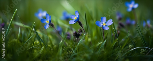 Flowers in a green grass on a sunny meadow. banner. AI generated content