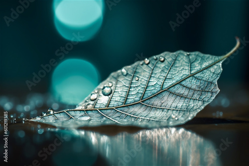 blue leaf with rain water drops macro background. AI generated content