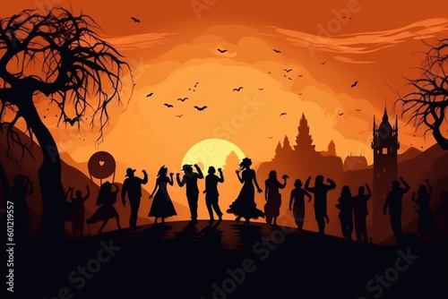 Halloween party landscape with silhouettes of people dancing Generative AI