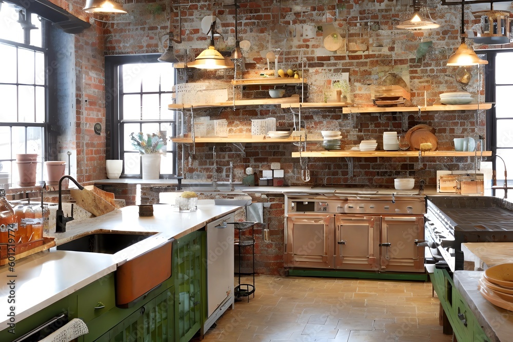 Rustic kitchen with exposed brick wall, reclaimed wood cabinetry, large ...