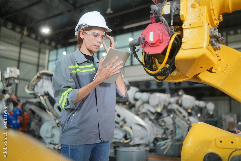 Robotic Arm engineer check on equipment in its with software of an Artificial Intelligence, Programming development technology work. Robotic Arm engineer check on equipment in its with software of an Artificial Intelligence, Programming development technology work.