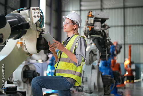 Wallpaper Mural Female industrial engineer working at automated AI robotic production factory. Torontodigital.ca