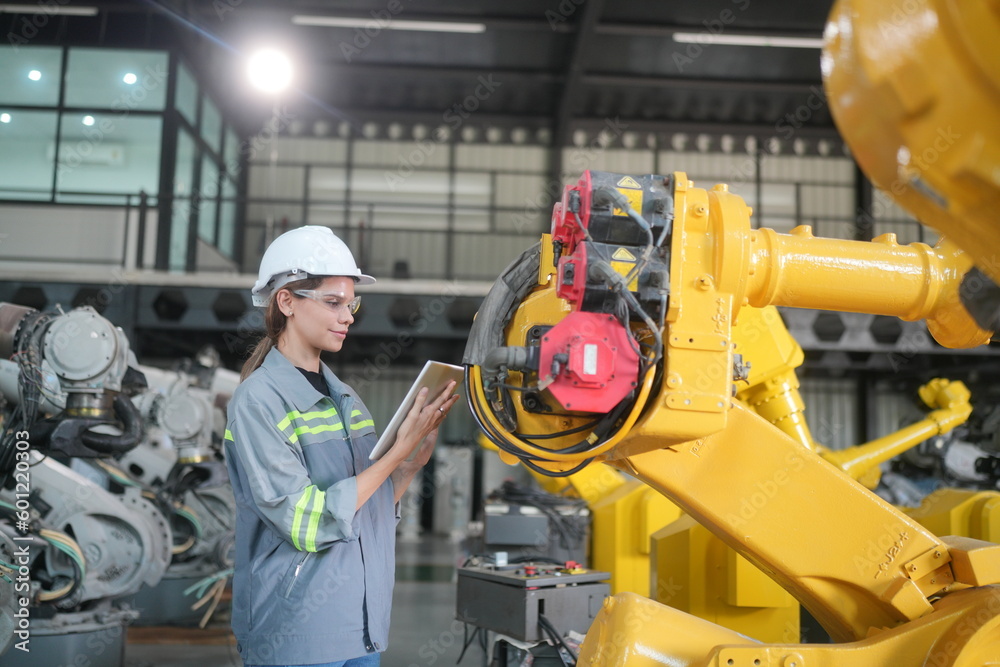 Female industrial engineer working at automated AI robotic production factory. Female industrial engineer working at automated AI robotic production factory.