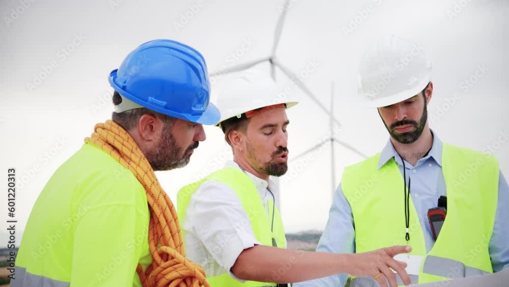 Group of windmill engineers talking about the construction watching plans of the turbine. Professional contractors of renewable energy discursing about the reparation of the eco electric generator Group of windmill engineers talking about the construction watching plans of the turbine. Professional contractors of renewable energy discursing about the reparation of the eco electric generator