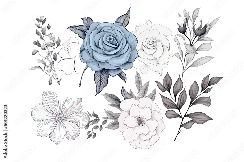 Floral set of hand drawn flowers. Botanical line art wallpaper with flowers, branches eaves. Pastel watercolor floral design for banner, prints, wall art and home decor, wedding invitation Floral set of hand drawn flowers. Botanical line art wallpaper with flowers, branches eaves. Pastel watercolor floral design for banner, prints, wall art and home decor, wedding invitation