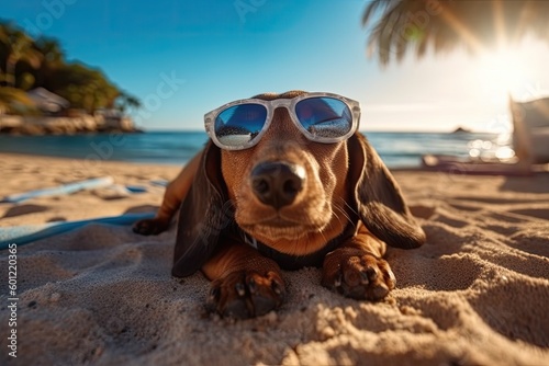 Cute dog wearing sunglasses on vacation lying on the sand beach. Traveling with pets. Image generated by AI