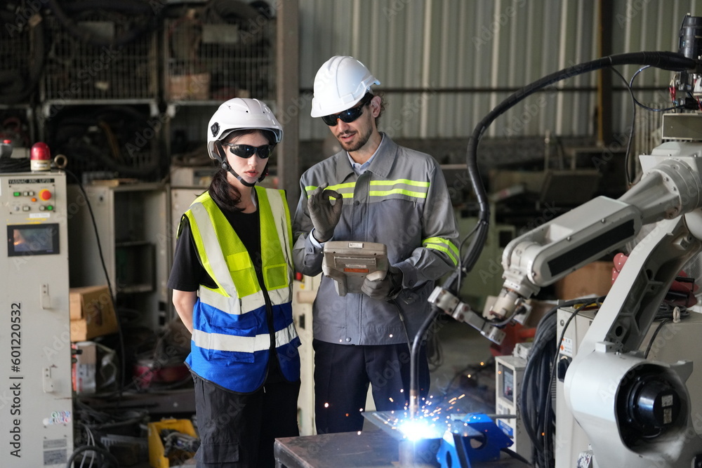 Robotics engineer working on maintenance of robotic arm in factory warehouse. Business technology.