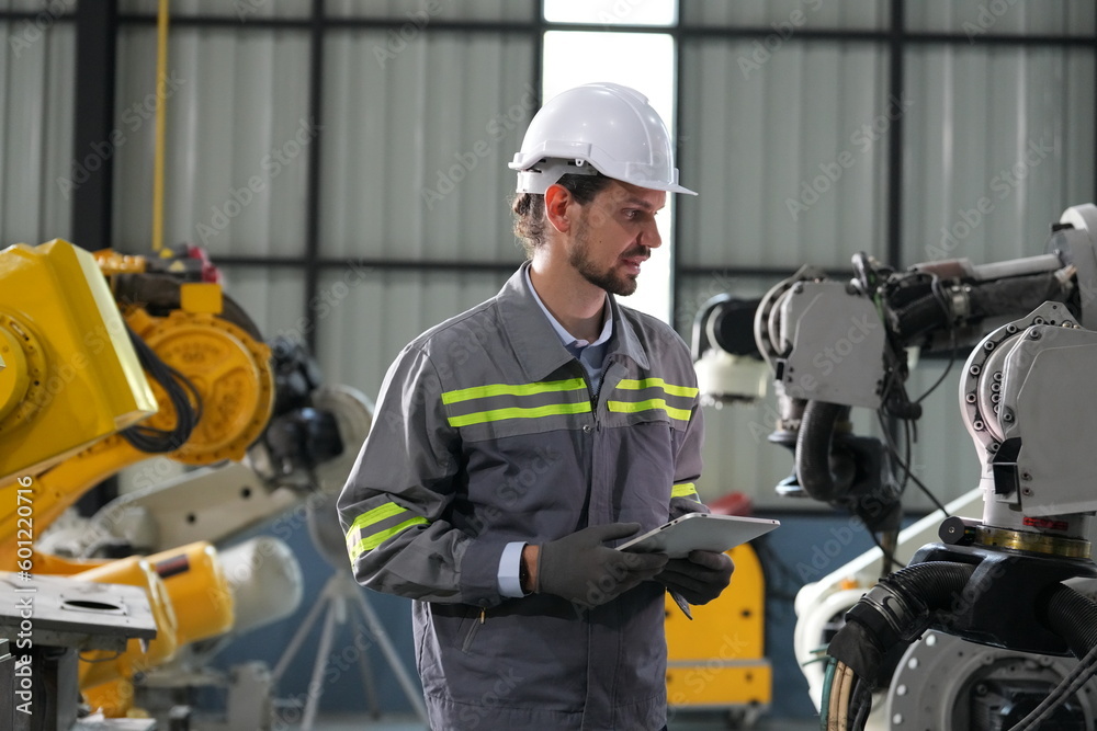 Robotics engineer working on maintenance of robotic arm in factory warehouse. Business technology. Robotics engineer working on maintenance of robotic arm in factory warehouse. Business technology.