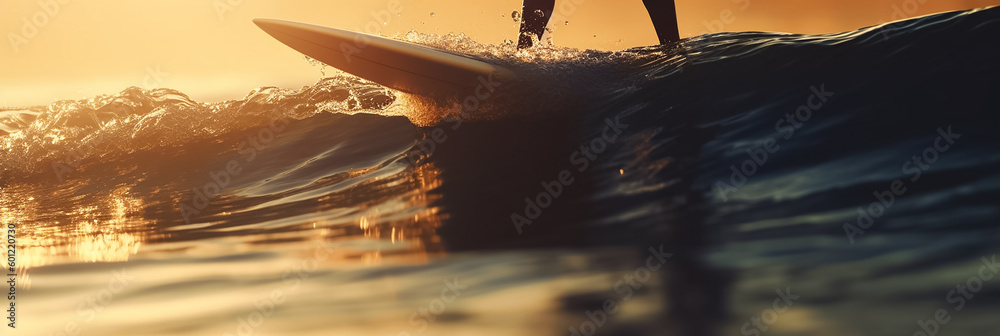 Сlose up of bare feet on a surfboard catching the wave against a sunset or sunrise, sea or ocean. Surfing as a sport or recreation Generative AI