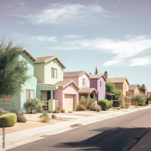 A row of pastel painted houses on the side of a road Generative Ai
