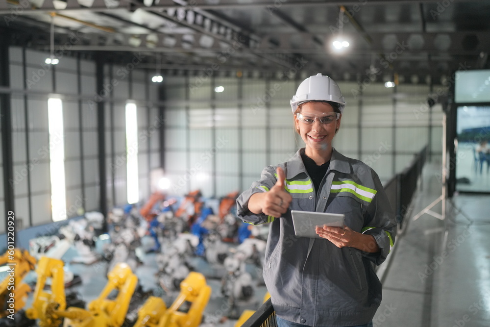 Robotic Arm engineer check on equipment in its. industrial engineer working at automated AI robotic production factory. Robotic Arm engineer check on equipment in its. industrial engineer working at automated AI robotic production factory.