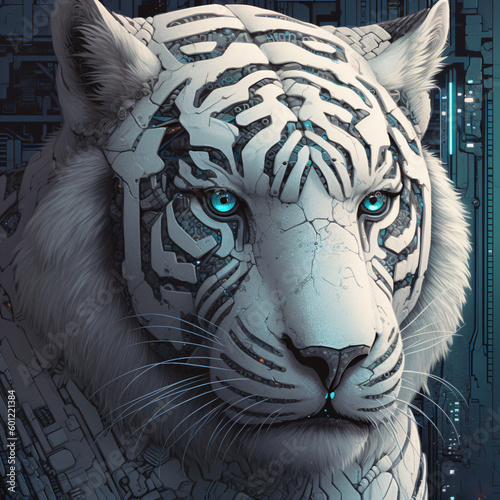 a futuristic white tiger robot with blue eyes Generative Ai photo