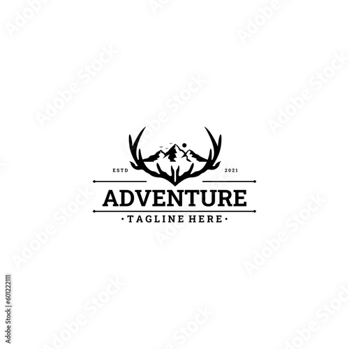 deer mountain logo with mountain on deer antlers. adventure community logo, outdoor apparel company logo, badge, sticker design