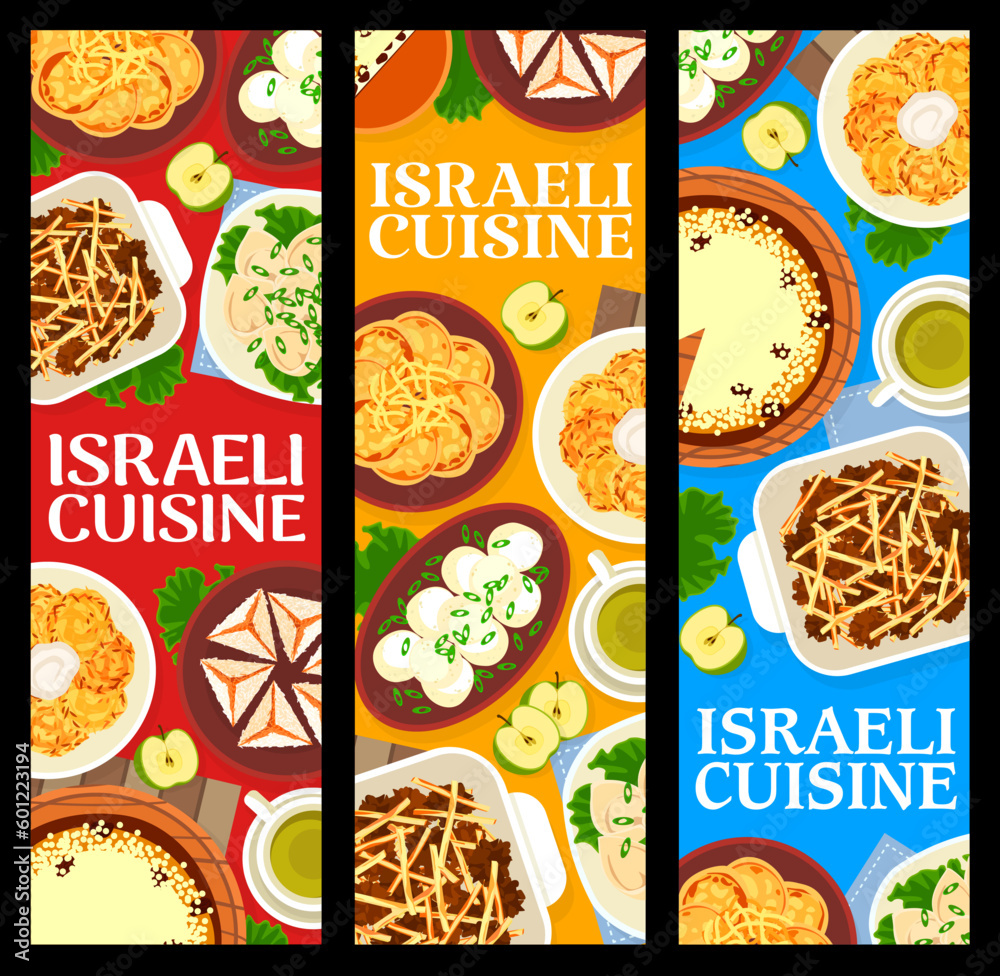Israeli cuisine restaurant food banners. Cheesecake with raisins, chickpea falafels and green tea, fish cakes, coconut pyramids and meat dumplings Kreplach, sefilte fish balls, potato pancake latke
