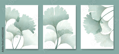 Luxury art background with ginkgo leaves in green with golden line art elements. Botanical poster set for decor, print, wallpaper, interior design.