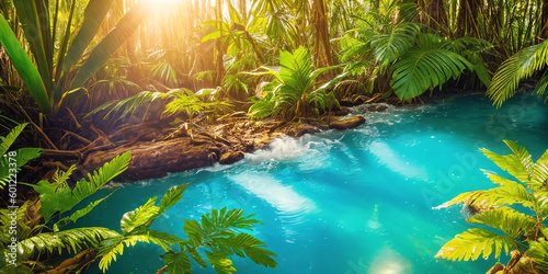 Jungle on a sunny day. Beautiful tropical rainforest illustration with exotic plants  palms  big leaves and flowing water. Bright sunbeams. Background with pristine nature landscape. Generative AI