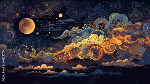 Clouds, sun, stars, and moon in a dark night background wallpaper