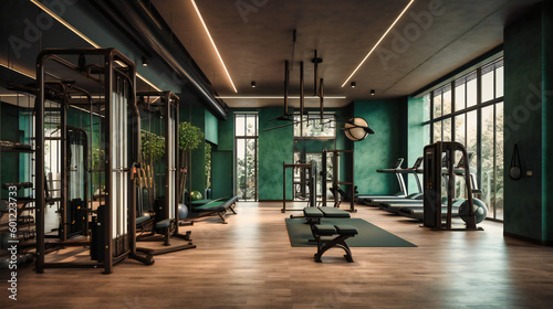 A gym room with different types of equipment in green wall