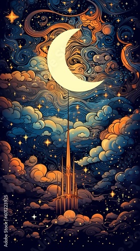 Wallpaper Mural Clouds, sun, stars, and moon in a dark night background wallpaper Torontodigital.ca